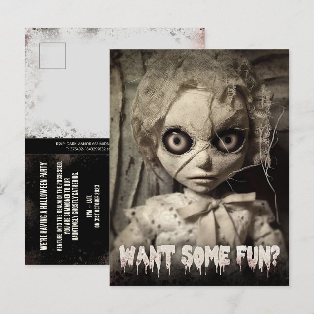 Budget Creepy Sack Doll Adult Halloween Invitation Postcard (Front/Back)