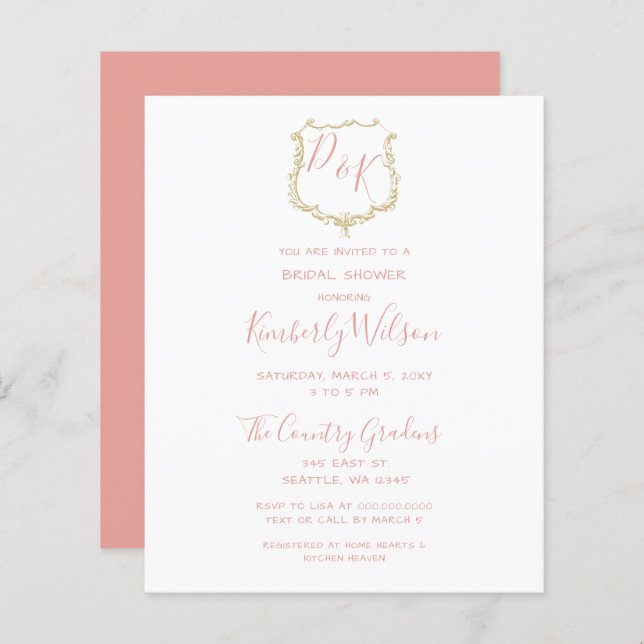Budget Crest Gold Blush Bridal Shower Invitation (Front/Back)
