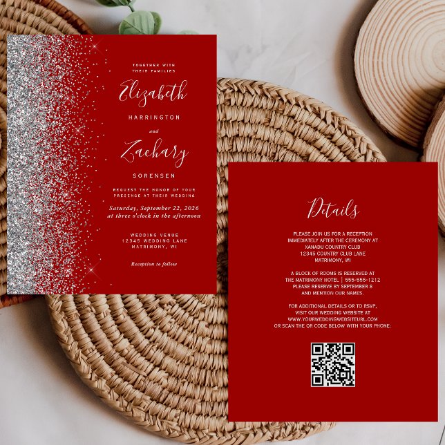 Budget Crimson Silver Glitter QR Code Wedding (Creator Uploaded)