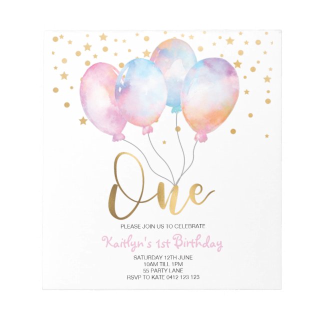 Budget Cute Balloons Pink Gold One Invitation Notepad (Front)