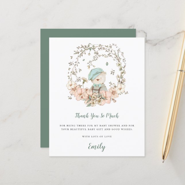 Budget Cute Bear Sage Baby Shower Thank You (Front/Back In Situ)