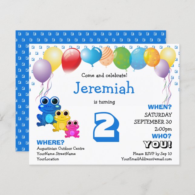 Budget Cute Blue Boys 2nd Birthday Invitation (Front/Back)
