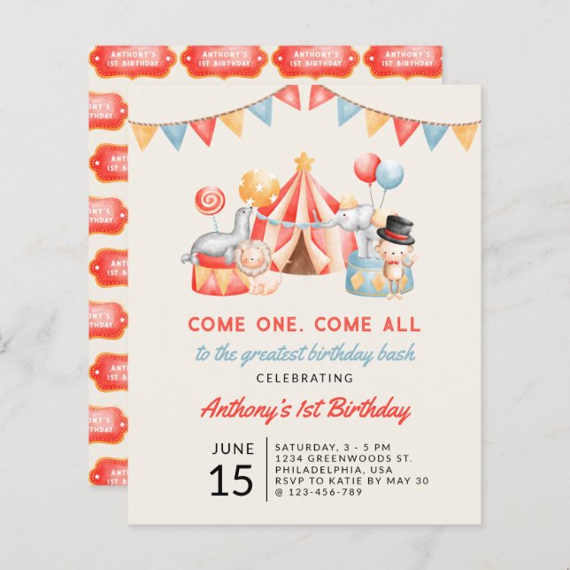Budget Cute Circus Carnival Fiesta First Birthday (Front/Back)