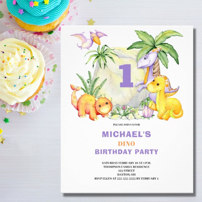 Budget Cute Dinosaur 1st Birthday Invitation Flyer (Creator Uploaded)