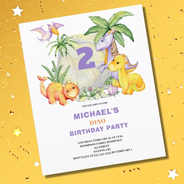 Budget Cute Dinosaur 2nd Birthday Invitation (Creator Uploaded)