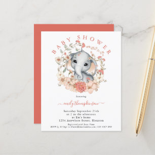 Budget Cute Elephant Coral Baby Shower Invitation