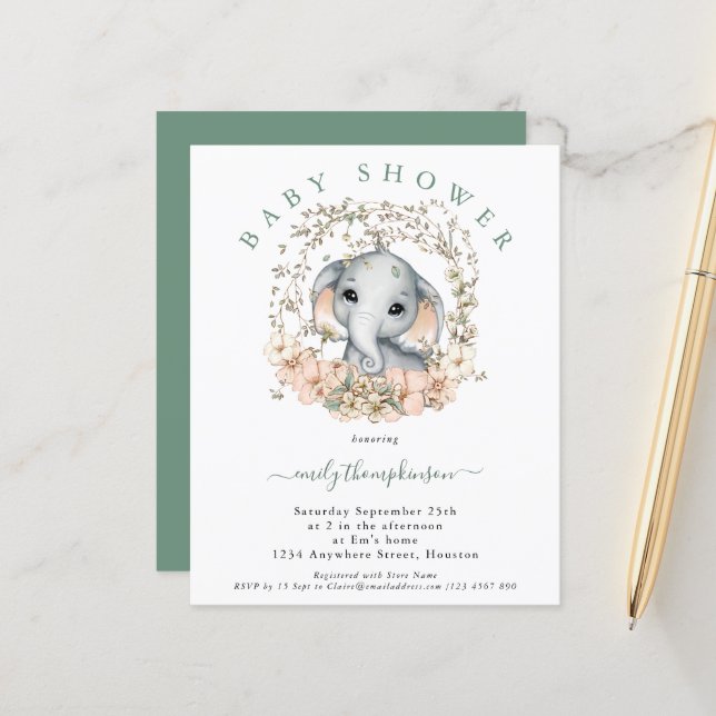 Budget Cute Elephant Sage Baby Shower Invitation (Front/Back In Situ)
