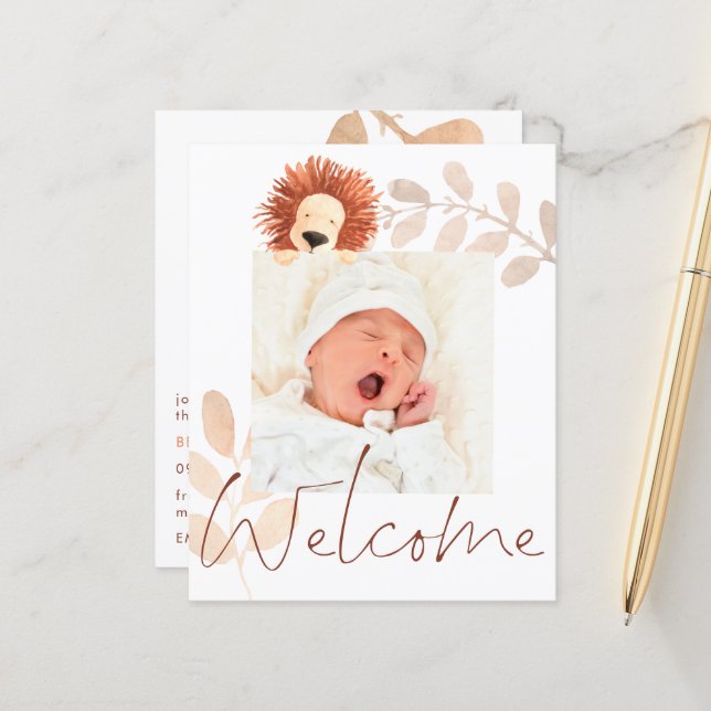 Budget Cute Lion Baby Photo Birth Announcement (Front/Back In Situ)