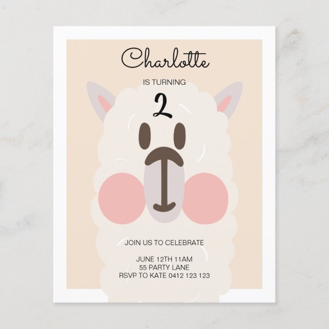 BUDGET Cute Llama Modern Birthday Invitation (Front)