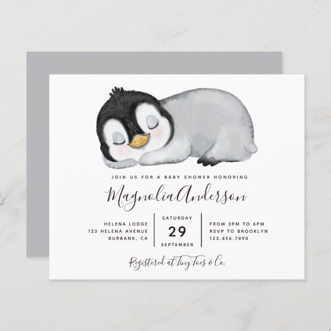 Budget Cute Penguin Baby Shower Invitation (Front/Back)