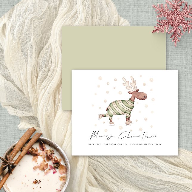 Budget Cute Skating Reindeer Merry Christmas (Front and back view. Budget price 4.5 x 5.6" alternative)
