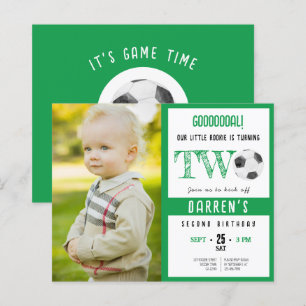 Budget Cute Soccer Photo Green 2nd Birthday Invite