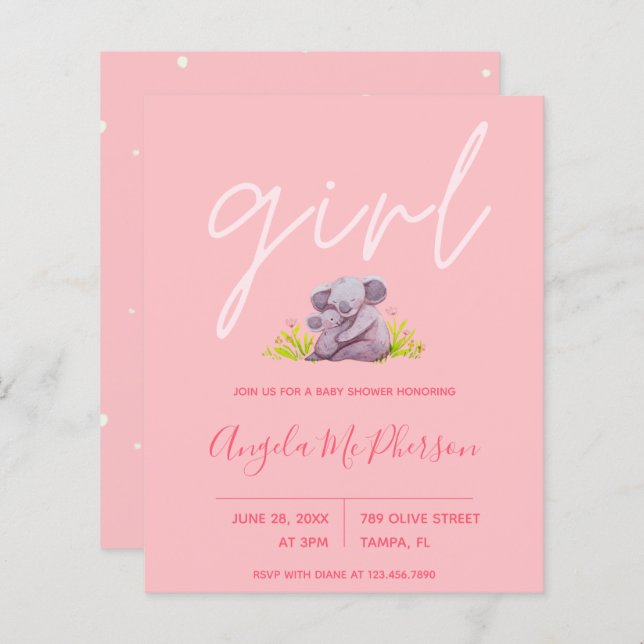 Budget | Cute Watercolor Koala Baby Shower Invite (Front/Back)