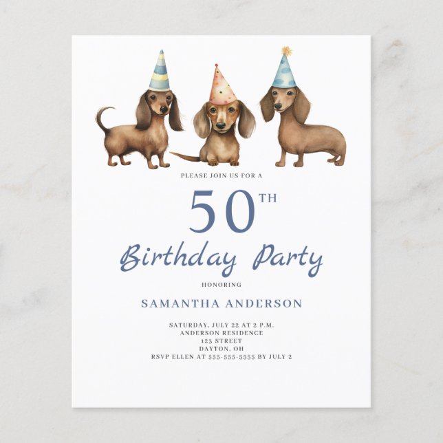 Budget Dachshund Dog 50th Birthday Invitation (Front)