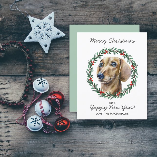Budget Dachshund Dog Merry Christmas Wreath Card (All text is editable, personalize as required.)