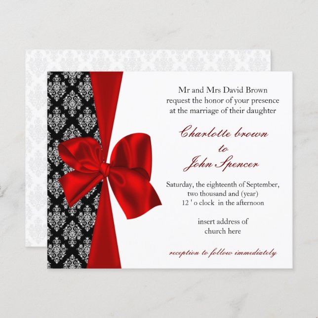 Budget Damask Black Red Wedding Invitation (Front/Back)