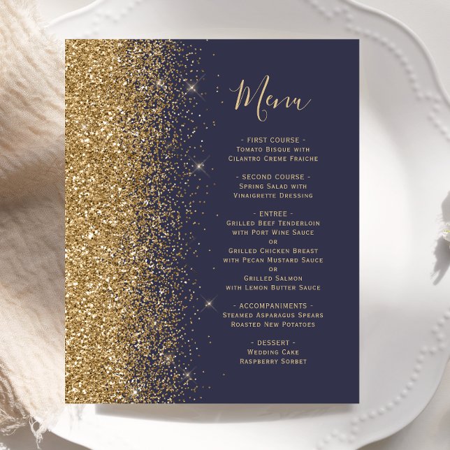 Budget Dark Blue Gold Glitter Wedding Menu (Creator Uploaded)