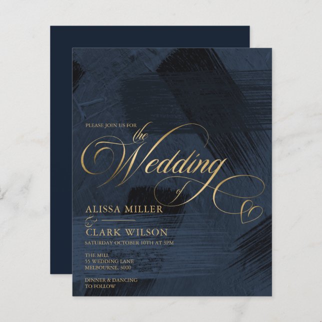 BUDGET Dark Blue, Gold Painterly Wedding Invitatio (Front/Back)
