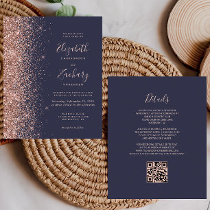 Budget Dark Blue Rose Gold Glitter QR Code Wedding