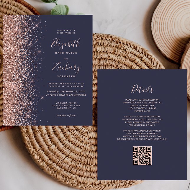 Budget Dark Blue Rose Gold Glitter QR Code Wedding (Creator Uploaded)