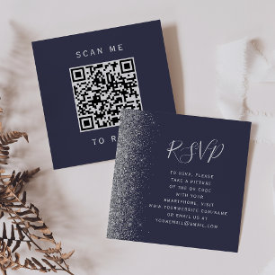 Budget Dark Blue Silver Wedding QR Code RSVP Enclosure Card