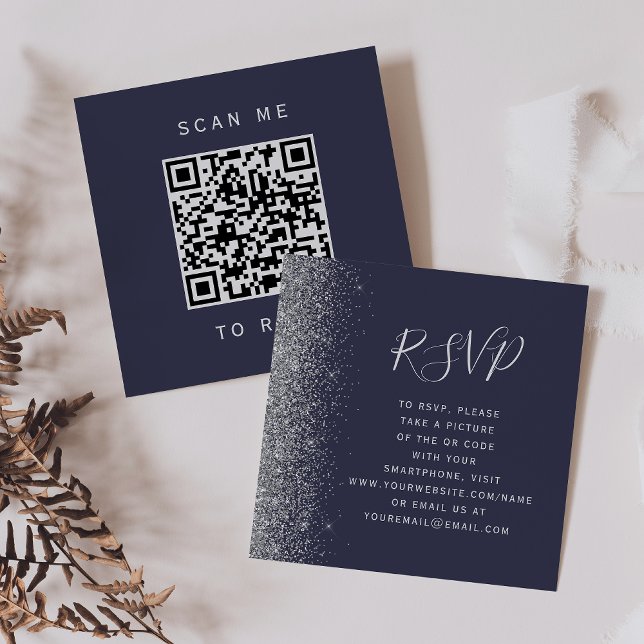 Budget Dark Blue Silver Wedding QR Code RSVP Enclosure Card (Creator Uploaded)