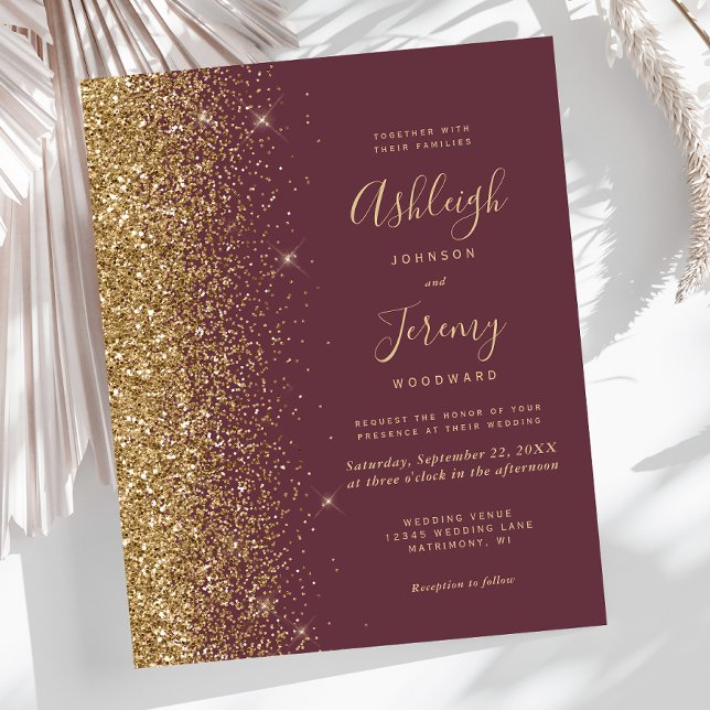 Budget Dark Burgundy Gold Glitter Wedding Invite (Creator Uploaded)