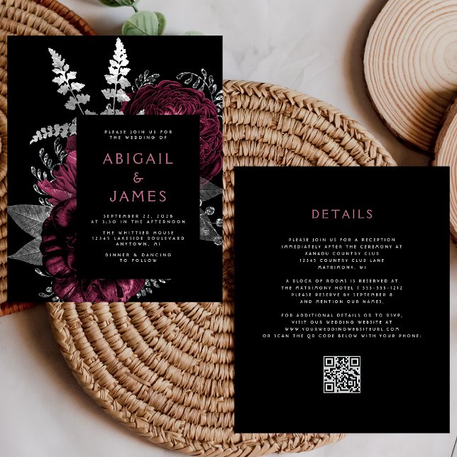 Budget Dark Floral Burgundy Silver QR Code Wedding (Creator Uploaded)