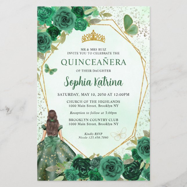 Budget Dark Green Floral Gold Princess Quinceañera (Front)