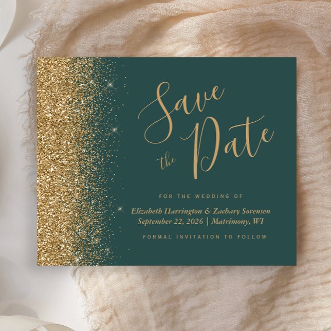 Budget Dark Green Gold Glitter Save the Date (Creator Uploaded)