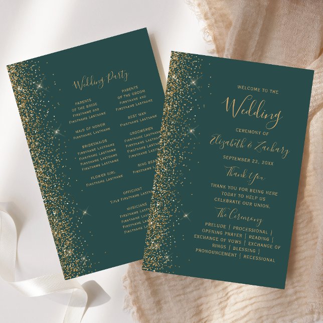 Budget Dark Green Gold Glitter Wedding Program (Creator Uploaded)