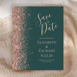 Budget Dark Green Rose Gold Save the Date<br><div class="desc">The left-hand edge of this elegant modern wedding save the date card features a rose gold faux glitter border. The customisable text combines pale rose gold blush coloured handwriting,  copperplate and italic fonts on a dark green background. The reverse side features a matching dark green and rose gold design.</div>