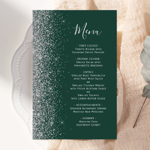 Budget Dark Green Silver Glitter Wedding Menu