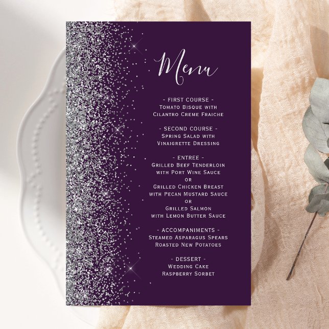 Budget Dark Purple Silver Glitter Wedding Menu (Creator Uploaded)