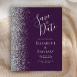 Budget Dark Purple Silver Save the Date Card<br><div class="desc">The left-hand edge of this elegant modern wedding save the date card features a silver faux glitter border. The customisable text combines silver grey handwriting,  copperplate and italic fonts on a dark purple background. The reverse side features a matching purple and silver design.</div>