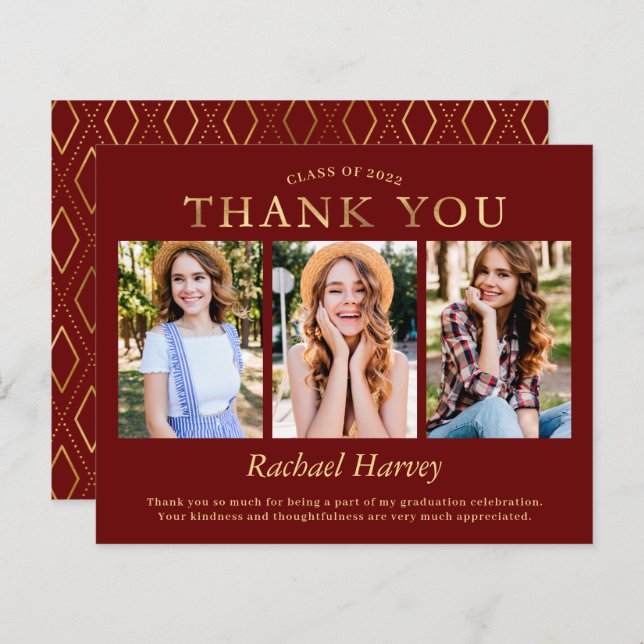 Budget Dark Red Gold 3 Photo Graduation Thank You (Front/Back)