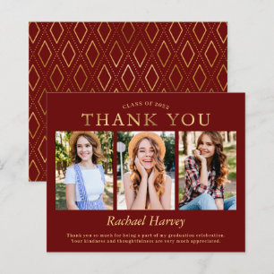 Budget Dark Red Gold Three Photo Graduation Thank 
