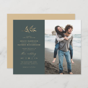 Budget Dark Teal & Branch Wedding Photo Invitation