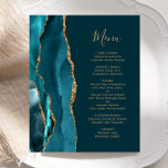 Budget Dark Teal Gold Agate Wedding Menu<br><div class="desc">The left-hand edge of this elegant modern wedding menu features a teal blue watercolor agate border trimmed with faux gold glitter. The customisable text combines gold-coloured handwriting script and copperplate fonts on a dark teal background. The reverse side features a matching teal and gold agate design.</div>