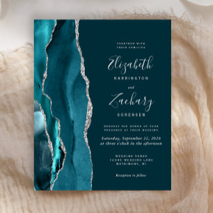 Budget Dark Teal Silver Agate Wedding Invitation
