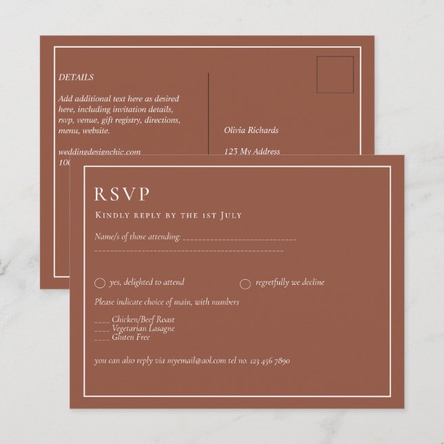 BUDGET Dark Terracotta Monochrome Wedding Postcard (Front/Back)