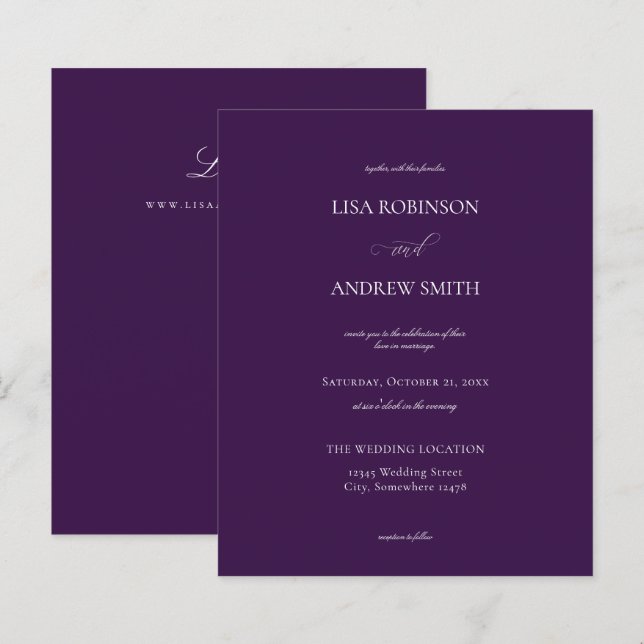 Budget Dark Violet Purple Calligraphy Wedding (Front/Back)