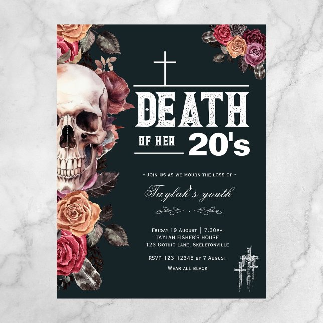 Budget "Death of her 20s" 30th birthday invitation Postcard (Creator Uploaded)