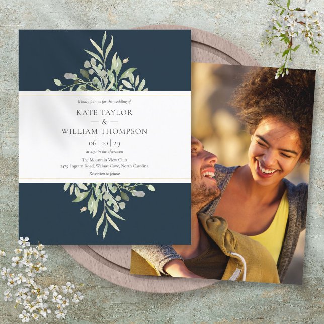 Budget Deep Sea Blue Greenery Wedding Photo Invite (Budget Deep Sea Blue Greenery Wedding Photo Invite)