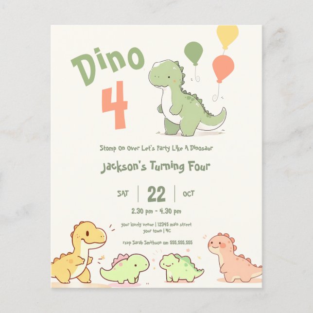 Budget Dino Four 4th Birthday Party Invitation  (Front)