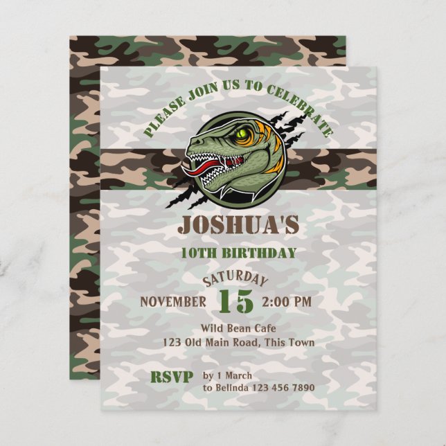 Budget Dinosaur birthday raptor camouflage invite (Front/Back)