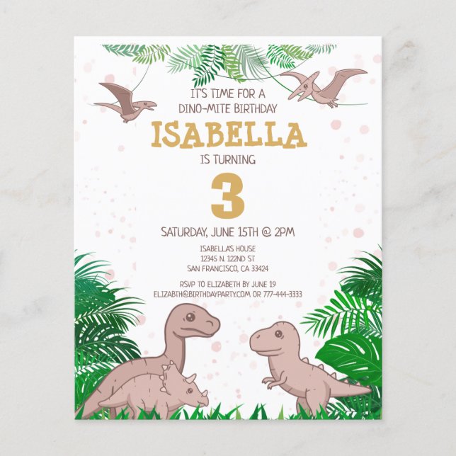 Budget Dinosaur Kids Dino Girl Birthday Invitation Flyer (Front)