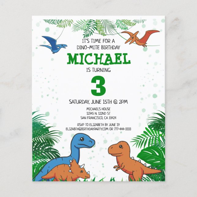 Budget Dinosaur Kids Dino Trex Birthday Invitation Flyer (Front)