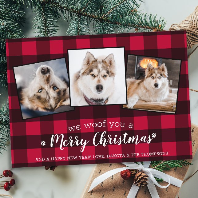Budget Dog Custom Pet Photo Red Plaid Christmas Card (Creator Uploaded)