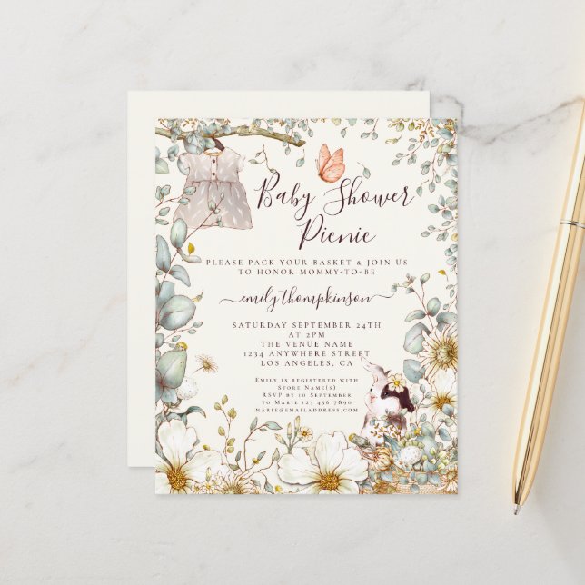 Budget Dress Girl Baby Shower Picnic Invitation (Front/Back In Situ)